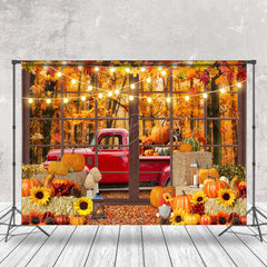 Lofaris Pickup Truck Full Of Pumpkins Outside The Window Backdrop