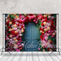 Lofaris Pind Red Rose Green Leaves Blue Door Photo Backdrop