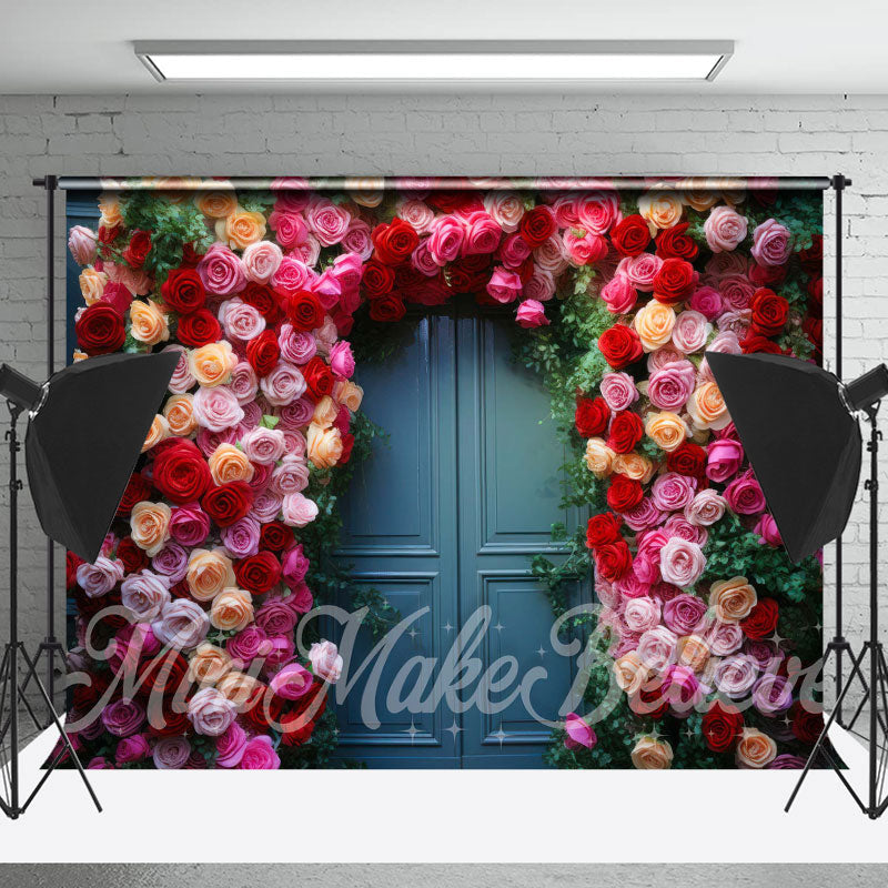 Lofaris Pind Red Rose Green Leaves Blue Door Photo Backdrop