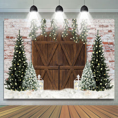 Lofaris Pine Tree Cloud Brick Wall Wood Door Christmas Backdrop