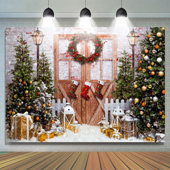 Lofaris Pine Tree Gift Wood Door Brick Wall Christmas Backdrop