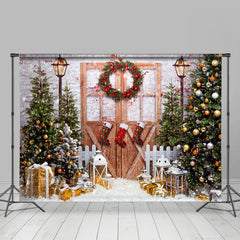 Lofaris Pine Tree Gift Wood Door Brick Wall Christmas Backdrop