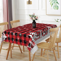 Lofaris Pine Tree Reindeer Red Plaid Christmas Tablecloth