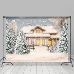 Lofaris Pine Trees Snowy House Bokeh Merry Christmas Backdrop