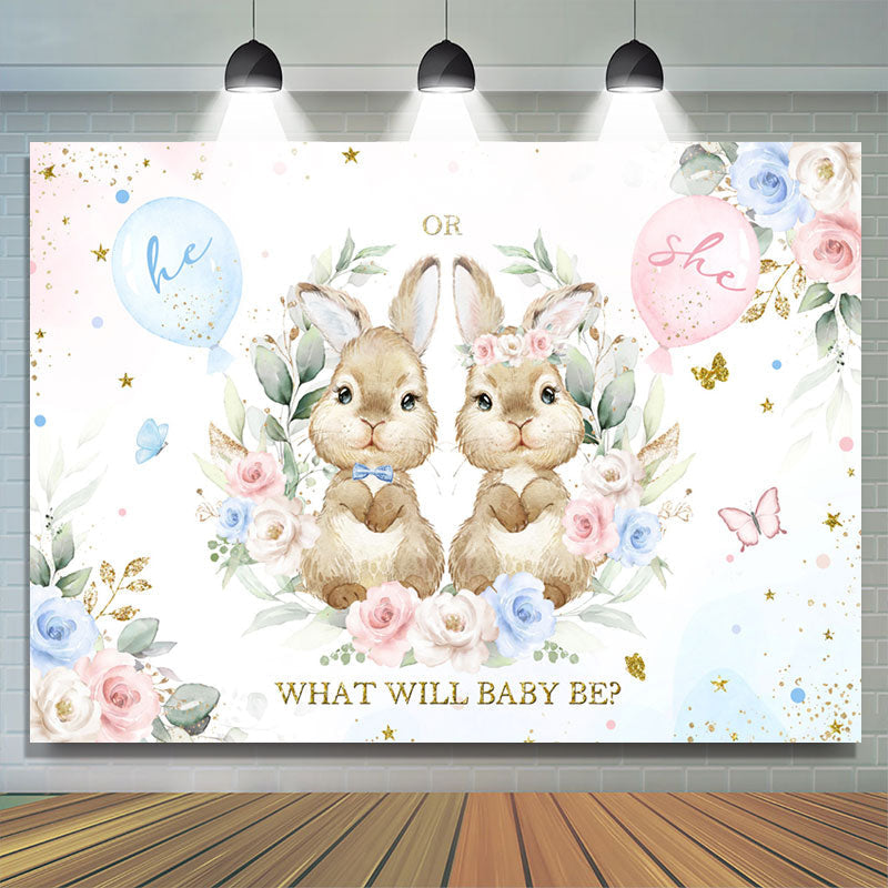 Lofaris Pink And Blue Bunny Floral Baby Shower Backdrop