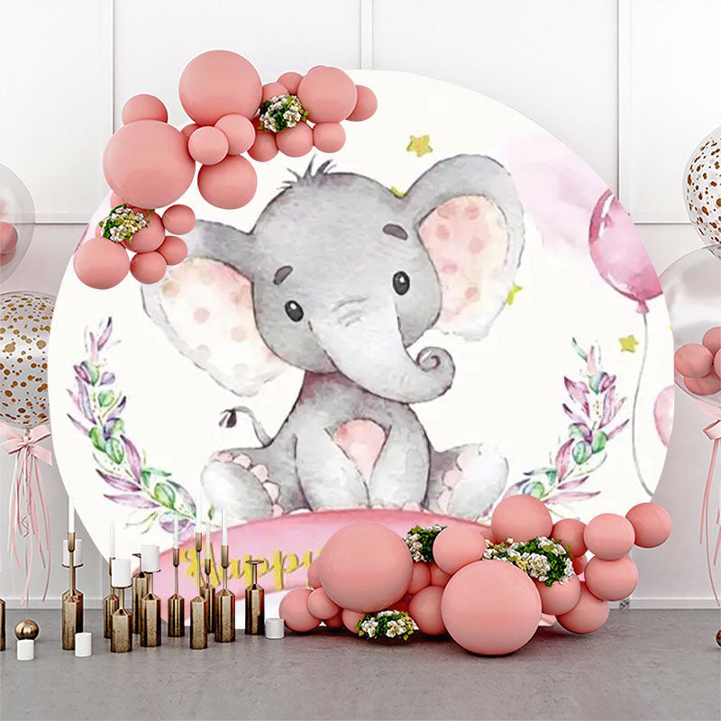 Lofaris Pink Balloon Star Elephant Round Birthday Backdrop