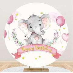 Lofaris Pink Balloon Star Elephant Round Birthday Backdrop