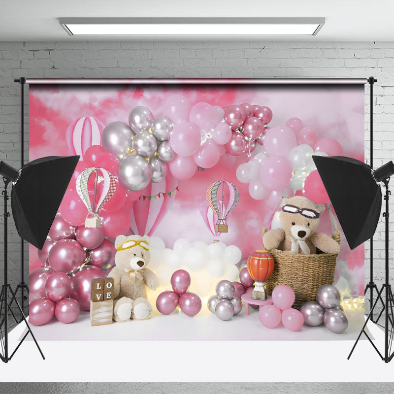 Lofaris Pink Balloon teddy bear birthday cake smash Backdrop