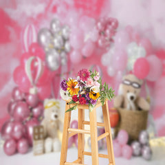 Lofaris Pink Balloon teddy bear birthday cake smash Backdrop