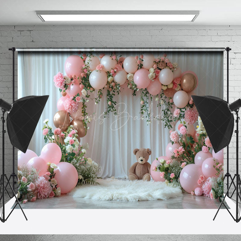 Lofaris Pink Balloons Arch White Curtain Cake Smash Backdrop