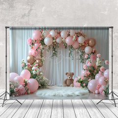 Lofaris Pink Balloons Arch White Curtain Cake Smash Backdrop