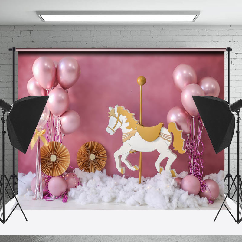 Lofaris Pink Balloons Carousel Birthday Cake Smash Backdrop