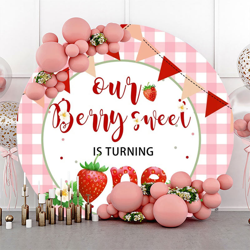 Lofaris Pink Berry Sweet Plaid Round 1st Birthday Backdrop