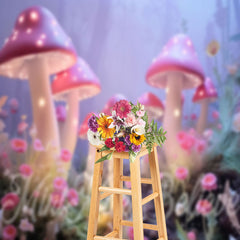 Lofaris Pink Big Cute Mushroom Misty Floral Path Backdrop