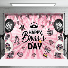 Lofaris Pink Black Balloons Stripe Happy Bosss Day Backdrop