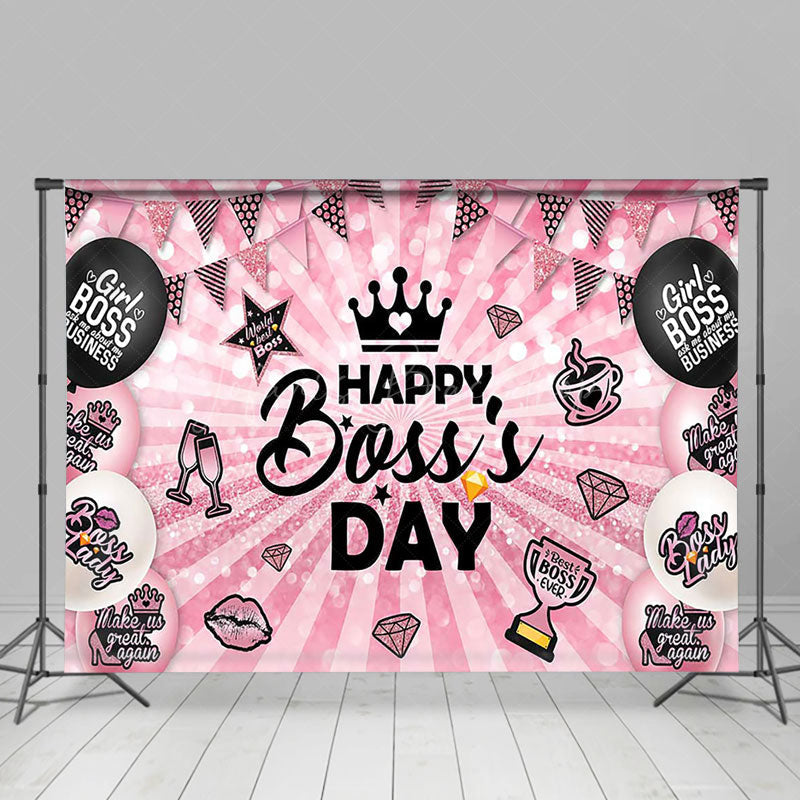 Lofaris Pink Black Balloons Stripe Happy Bosss Day Backdrop