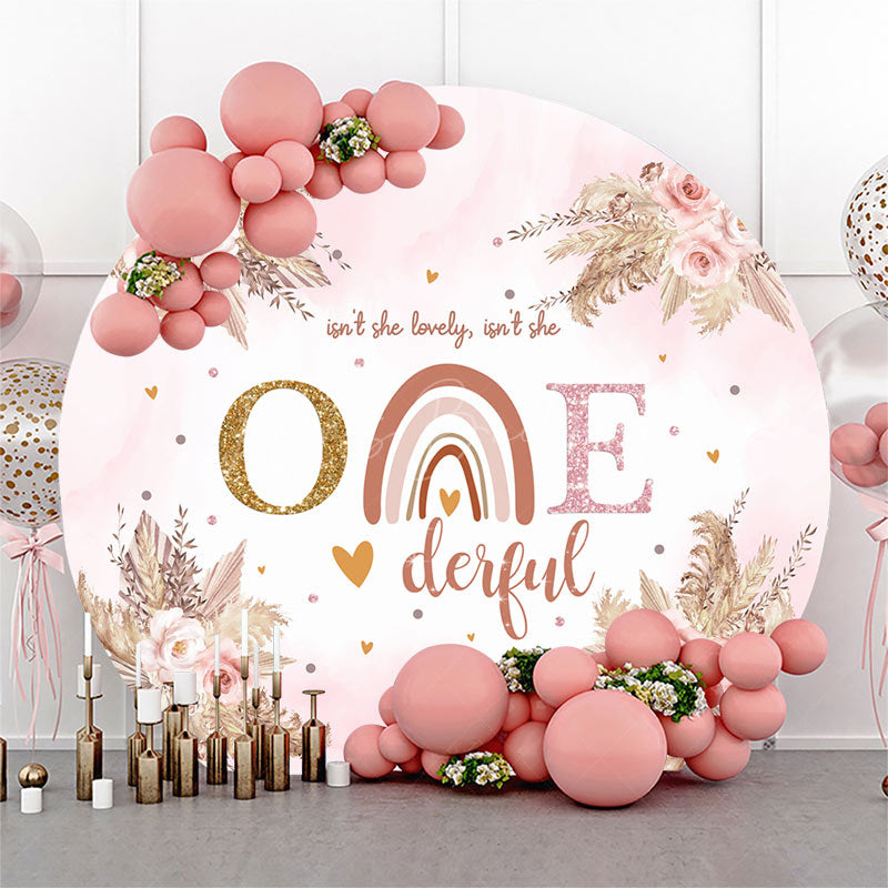 Lofaris Pink Boho Floral Rainbow Round 1st Birthday Backdrop