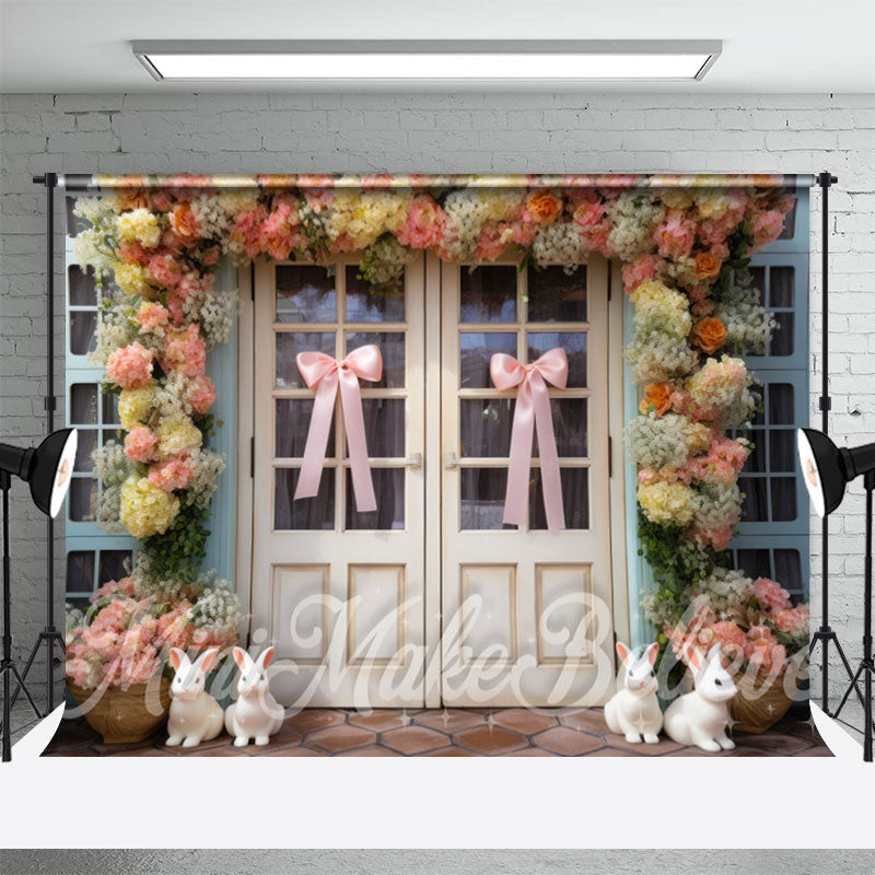 Lofaris Pink Bow Tie Bunny Floral Wood Door Easter Backdrop