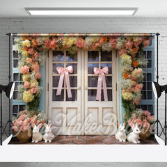 Lofaris Pink Bow Tie Bunny Floral Wood Door Easter Backdrop