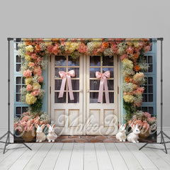 Lofaris Pink Bow Tie Bunny Floral Wood Door Easter Backdrop