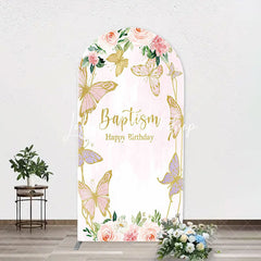 Lofaris Pink Butterfly Baptism Happy Birthday Arch Backdrop