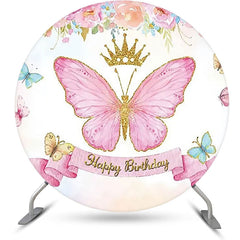 Lofaris Pink Butterfly Crown Floral Round Birthday Backdrop