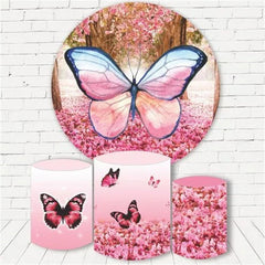 Lofaris Pink Butterfly Floral Birthday Round Backdrop Kit