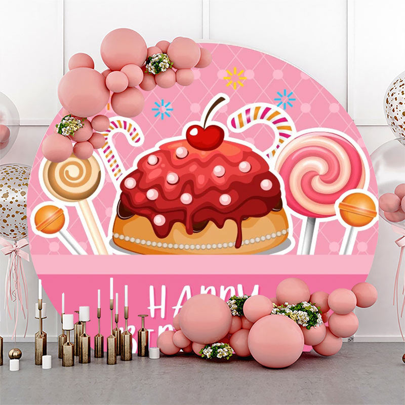 Lofaris Pink Cake Candyland Round Happy Birthday Backdrop