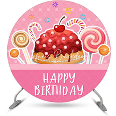 Lofaris Pink Cake Candyland Round Happy Birthday Backdrop