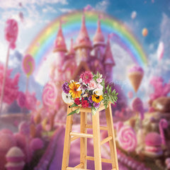 Lofaris Pink Candy Castle Rainbow Birthday Cake Smash Backdrop