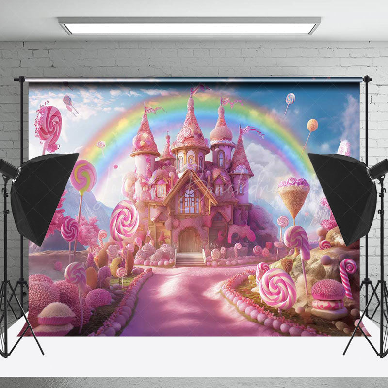 Lofaris Pink Candy Castle Rainbow Birthday Cake Smash Backdrop