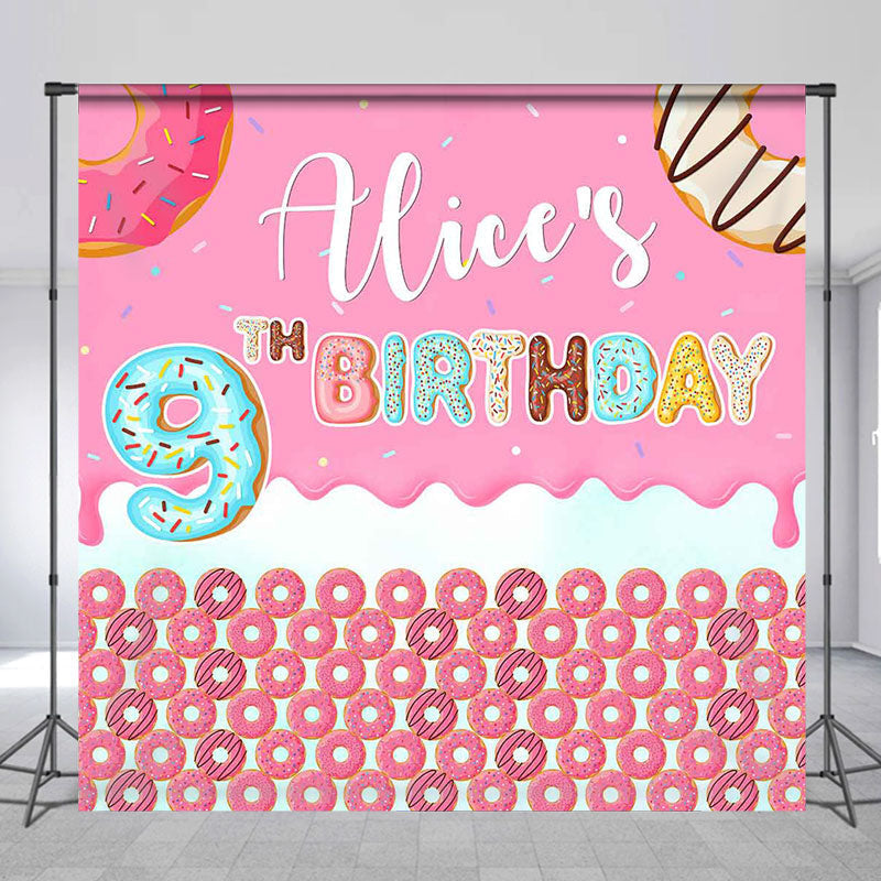 Lofaris Pink Candy Donuts Custom 9Th Birthday Backdrop For Girl