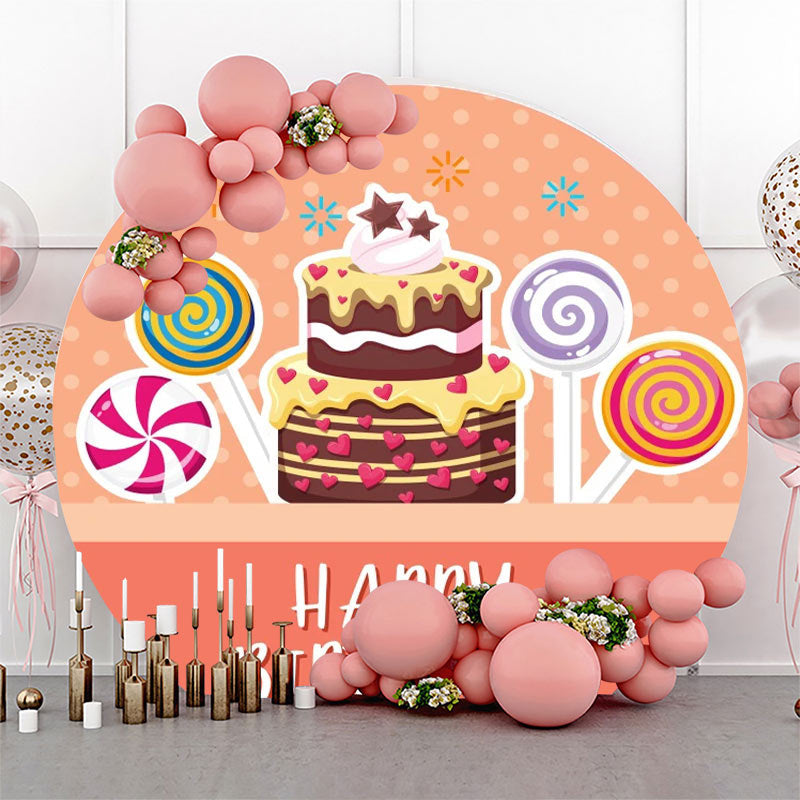 Lofaris Pink Candyland Cake Round Happy Birthday Backdrop