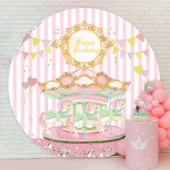 Lofaris Pink Carrousel Girls Happy Birthday Round Backdrop