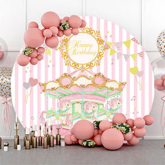 Lofaris Pink Carrousel Girls Happy Birthday Round Backdrop