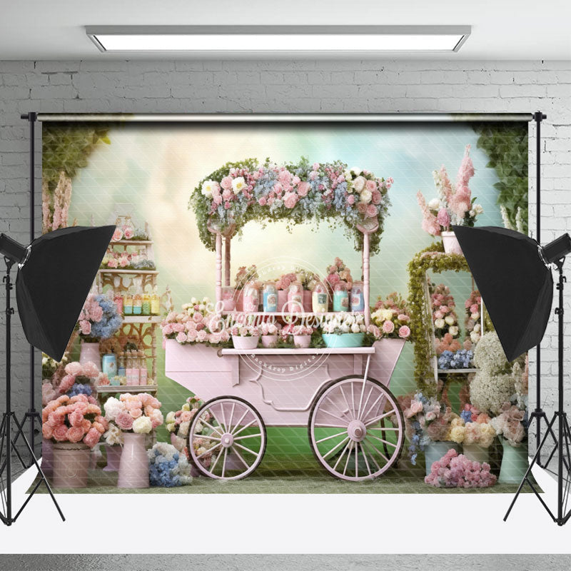 Lofaris Pink Cart Floral Soft Leaf Spring Backdrop For Photo