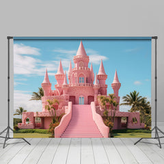 Lofaris Pink Castle And Blue Sky Coconut Palm Dance Backdrop