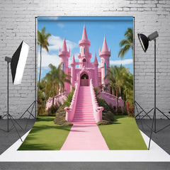 Lofaris Pink Castle Coconut Palm Green Lawn Dance Backdrop