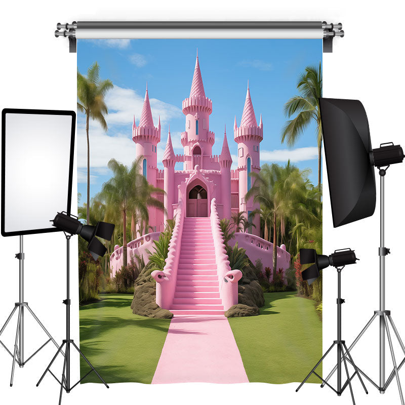 Lofaris Pink Castle Coconut Palm Green Lawn Dance Backdrop