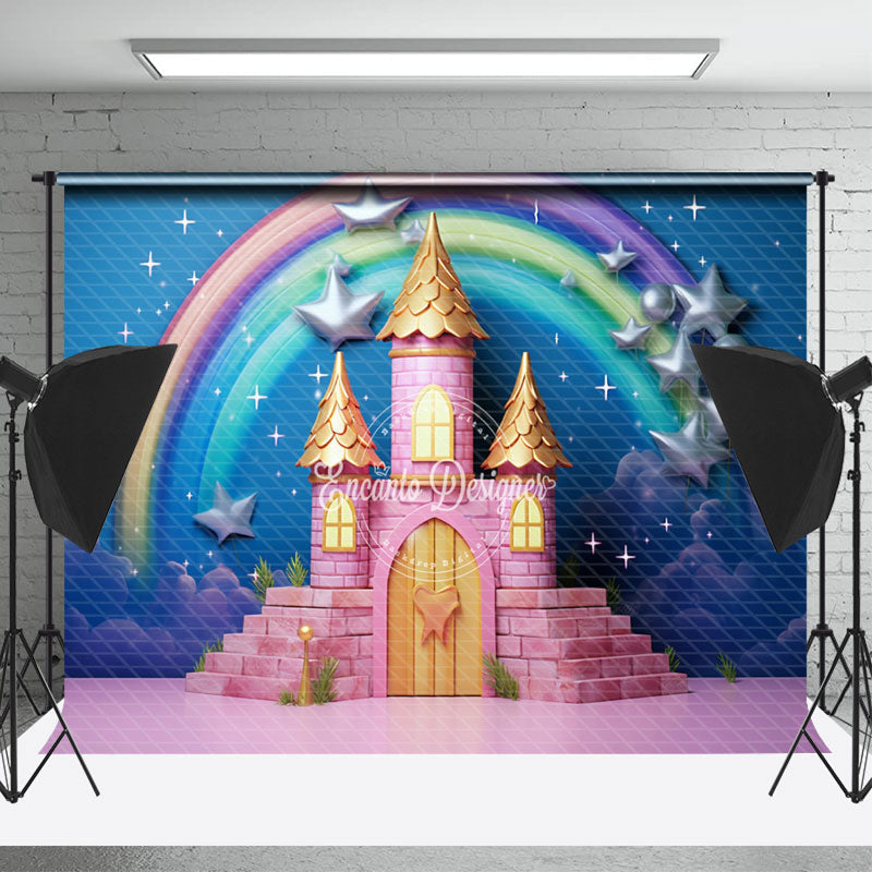 Lofaris Pink Castle Rainbow Birthday Cake Smash Backdrop