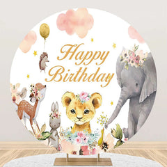 Lofaris Pink Cloud Floral Animals Round Birthday Backdrop