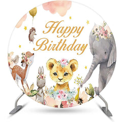 Lofaris Pink Cloud Floral Animals Round Birthday Backdrop