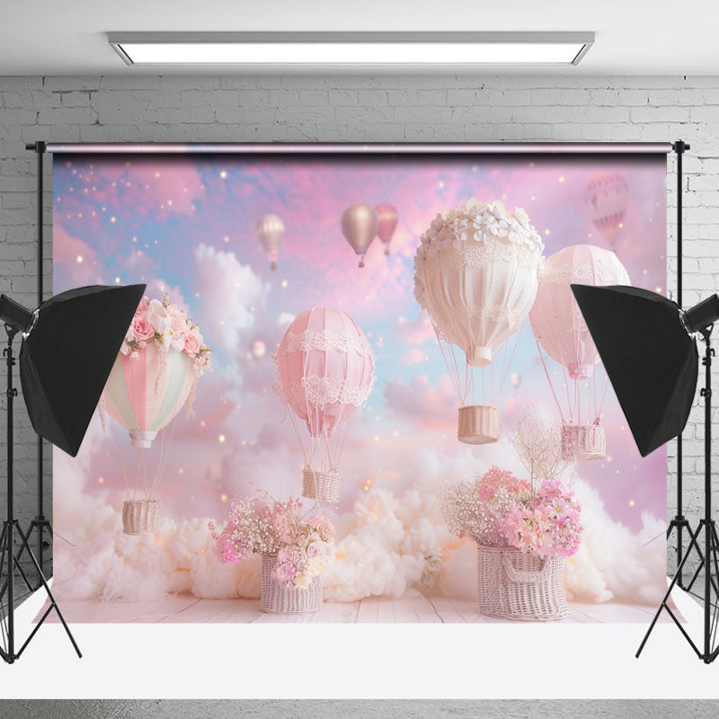 Lofaris Pink Cloud Floral Hot Air Balloon Cake Smash Backdrop