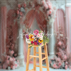 Lofaris Pink Curtain Floral Luxury White Retro Wall Backdrop