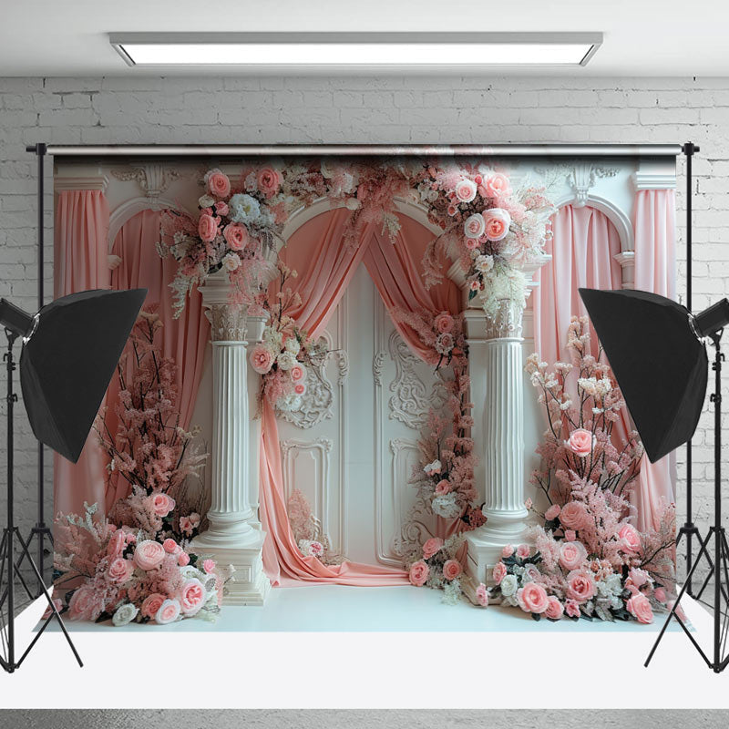 Lofaris Pink Curtain Floral Luxury White Retro Wall Backdrop