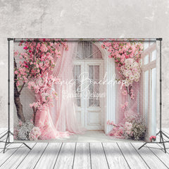 Lofaris Pink Curtain White Arch Door Floral Wedding Backdrop