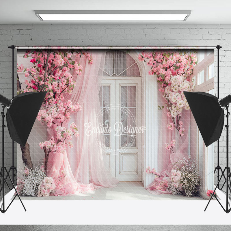 Lofaris Pink Curtain White Arch Door Floral Wedding Backdrop