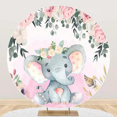 Lofaris Pink Cute Elephant Floral Round Baby Shower Backdrop