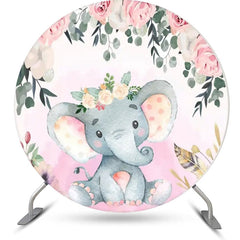 Lofaris Pink Cute Elephant Floral Round Baby Shower Backdrop