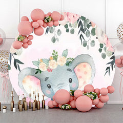 Lofaris Pink Cute Elephant Floral Round Baby Shower Backdrop